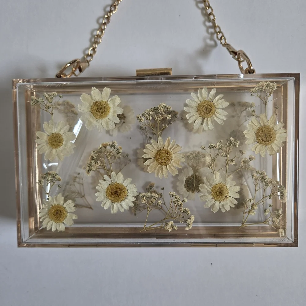 Clear daisy floral acrylic resin clutch gold chain ditsy girly statement cute - Picture 2 of 7